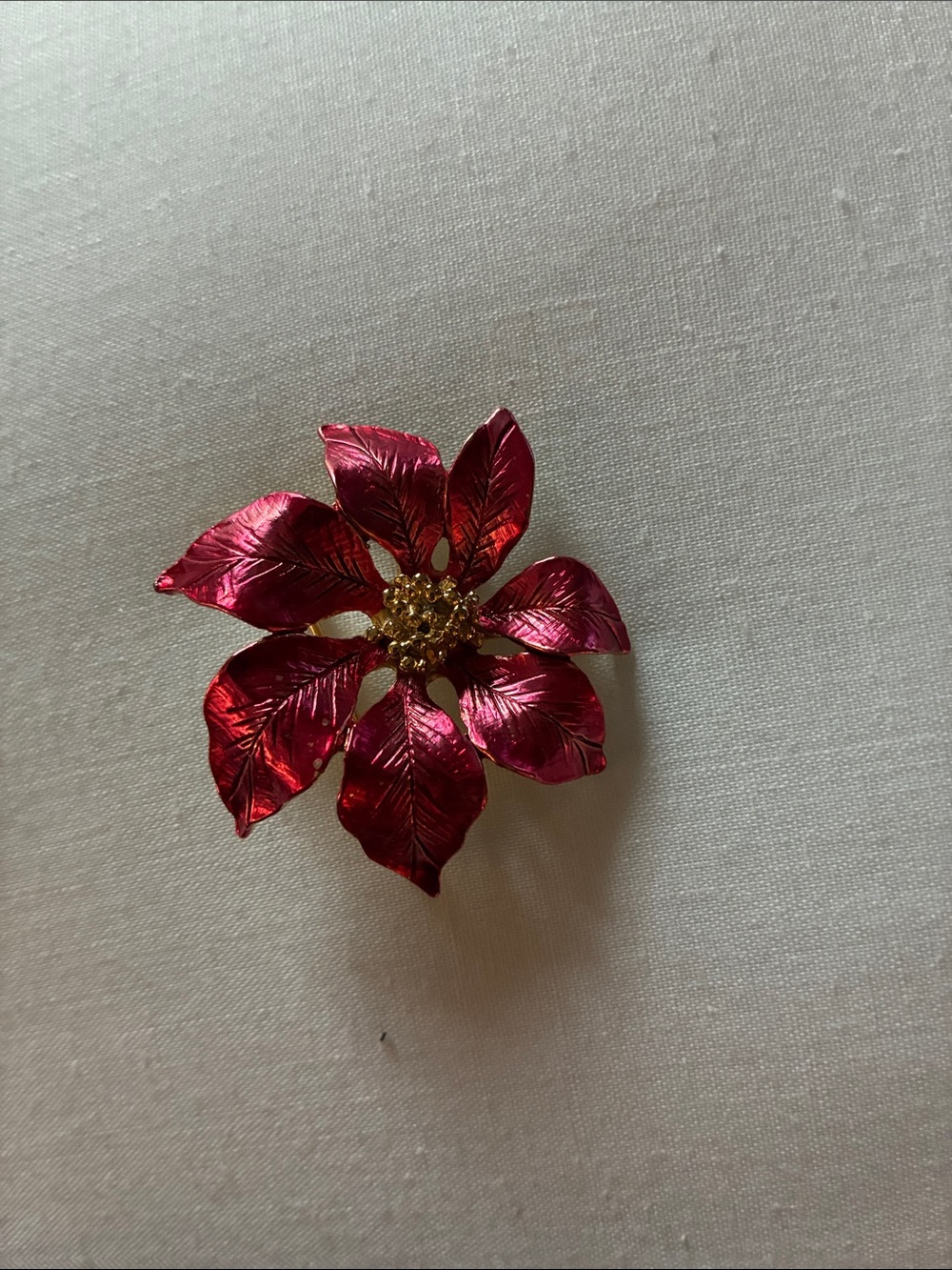 Red Metallic Floral Brooch with Gold Center